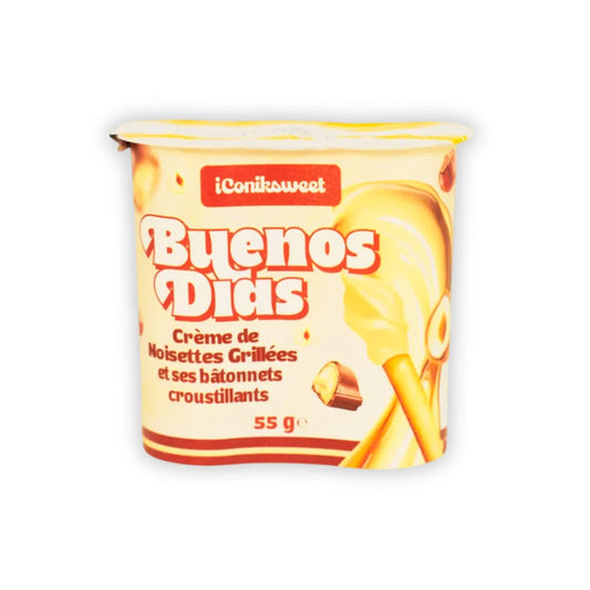 BUENOS DIAS ICONIKSWEET. Pot de crème de noisette avec batônnets croustillants à tremper, 55 g – snack gourmand d'épicerie américaine